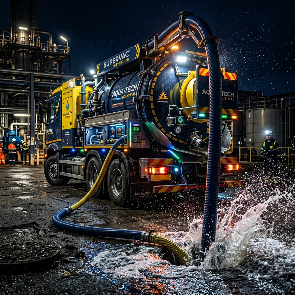 Industrial hitechturboairseptictankcleaning service truck at night